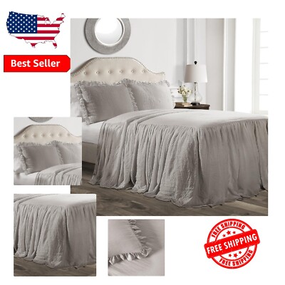 Elegant 2-Piece Twin Ruffle Bedspread Set - Lightweight Gray Farmhouse Style-image