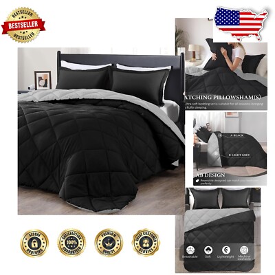 California King Comforter Set – Elegant Black & Grey Plush 3-Piece Bedding-image