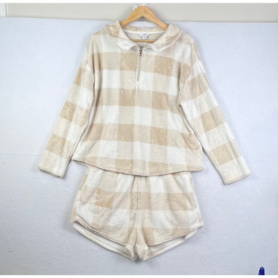 NEW Crown & Ivy Buff White/Tan Fuzzy Soft Cozy Plaid Loungewear 2 Piece Set XL-image