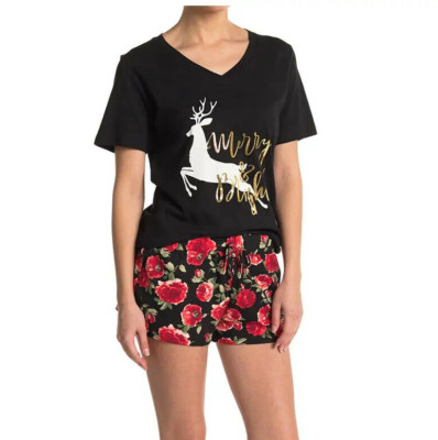 Cozy Rozy Merry & Bright T-Shirt & Floral Shorts Set  Sz M  #5  -image