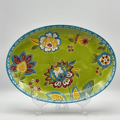 Dutch Wax Coastline Imports “Green Field” Pattern Ceramic Serving Plate Floral-image