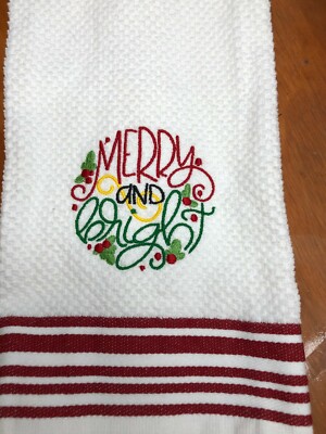 Embroidered Stripe Kitchen Hand Towel  Merry  and Bright Christmas Theme BS2630-image
