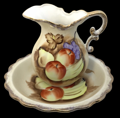 Vintage Enesco Porcelain Bowl and Pitcher Hand Painted Fruit Design MCM Japan-image