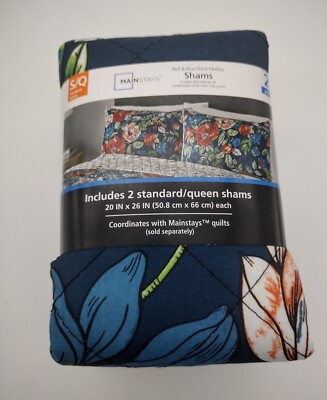 Mainstays S/Q Quilted Pillow Shams Red & Blue Floral Medley (2 PACK)-image