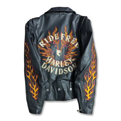 Vintage Ride Free Harley Davidson Leather Jacket Flames Grunge Womens Medium Y2K-image