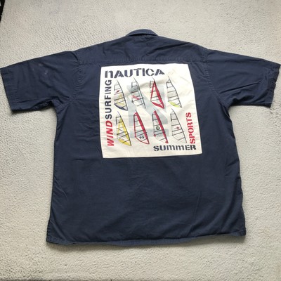 Vintage Nautica Wind Surfing Summer Sports Button Up Shirt Men Large L Logo Navy-image