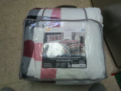 Nip Mainstays FLANNEL Comforter Set Reversible Blk Red White Check F/Q King-image