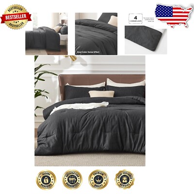 All-Season Cozy Black Comforter Set - Full Size with Heathered Texture, 3 Pieces-image