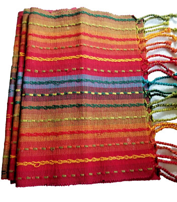 Pier 1 Fabric Woven Placemats Set of 3 BOHO Aztec Design Fringe RUSTIC CHIC-image