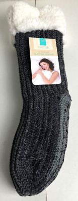 Chenille Slipper Socks Woman's S-M Shoe size 6-7.5 Gray Warm Cozy NEW-image