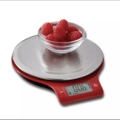 NEW Mainstays Round Stainless Steel Digital Kitchen Scale, Red Essential Scale-image