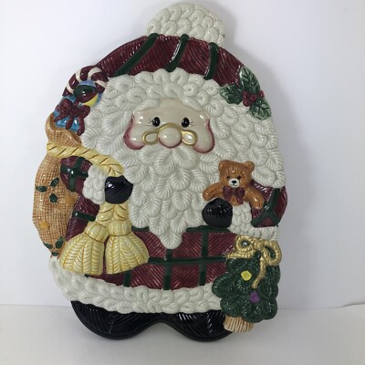 Santa Platter Jay Import 3-D 16” X 12” Ceramic Tree And Teddy Bear Sack Of Toys-image