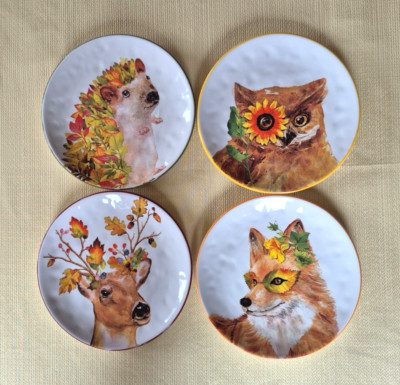 Pier 1 FALL Salad Plates WOODLAND Animals Set of 4-image