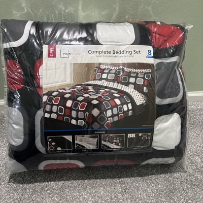 8 Piece Abstract Red Black Grey Full Size Comforter Set Bed in a Bag NEW-image