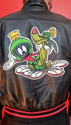 🔥RARE! Vintage 90s Marvin The Martian Looney Tunes Warner Bros Leather Jacket S-image