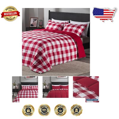 Lightweight King Plaid Comforter Set with 2 Pillow Shams - Reversible Elegance-image