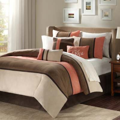 BEAUTIFUL ULTRA SOFT BROWN TAUPE TAN BEIGE CORAL CHIC LODGE COZY COMFORTER SET-image