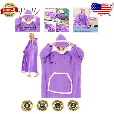 Oversized Fleece Wearable Blanket Hoodie with Eye Mask - Cozy Comfort for All-image