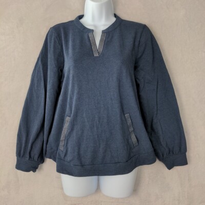 Weekends by Chico's Top Women 1 (US 8) Blue Jersey Knit Metallic Dots Pockets-image
