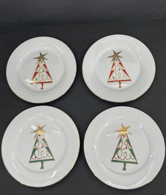 4 Pier 1 Christmas Tree Plates Dessert Salad Green Red Gold Star Holiday 7.5