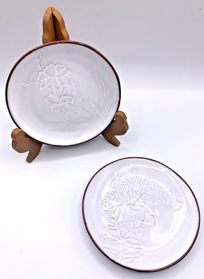 Set of 2 Pier 1 Imports White Terracotta Dessert Butter Plates Floral  Butterfly-image