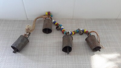 Tin Bells Rustic Wind Chime Jingle Bell Cow Bells Handcrafted 15 in Pre-owned-image