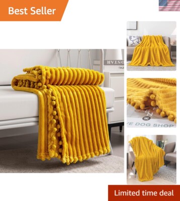 51x63 Yellow Plush Fleece Blanket with Pom-Pom Fringe for Cozy Modern Living-image
