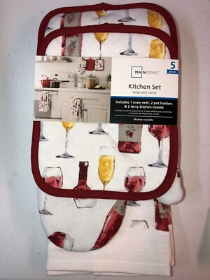 5 PC Kitchen Set  2 Hand Towels 2 Pot Holders  1 Mitt  Wine Stack Red Sedona -image