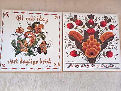 2 Bergquist Imports Art Tiles Trivets Signed Hand Screened Swedish Norwegian Flo-image