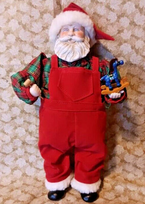 Vintage~Wind Up Musical Santa Christmas Porcelain Face Red Bibs Plaid Hammer Toy-image