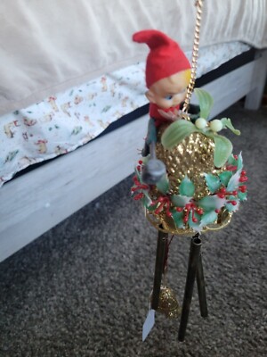 Vintage Christmas Felt plastic Pixie with Gold bell wind chime-image