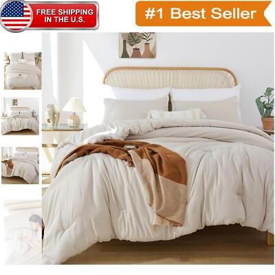 Lightweight Boho Queen Comforter Set in Solid Beige – 3 Pieces for Cozy Sleep-image