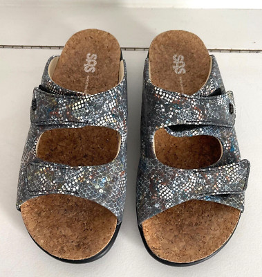 SAS Woman Cozy Leather Gray Multi Snake Tri Pad Comfort Adjust Sandals Size 10M-image