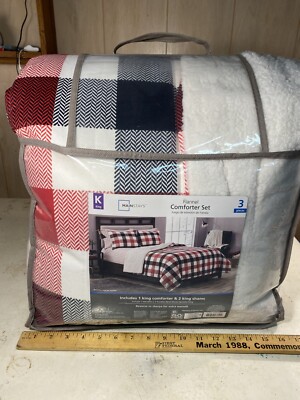 Mainstays KING Reverse to Sherpa Flannel Comforter Set • Red/Black Plaid J79-image