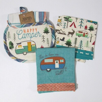 Design Imports Travel Trailer Kitchen Lot Tea Towels Happy Camper Potholder Set-image