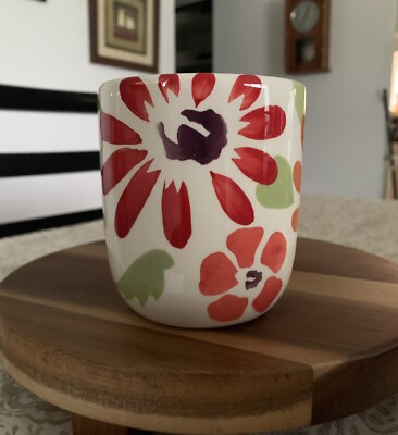 Pier 1 Earthenware Coffee Mug Hand Painted Floral Design Called Flowers 12 Ounce-image