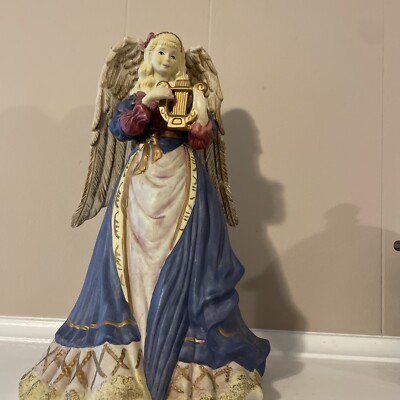 Vtg Christmas Porcelain Angel w/Harp Musical Statue Figurine 10 1/2