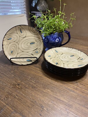 Set Of 6 Pier 1 Teal Reactive Coupe Peacock Salad Plates 8 1/4”-image