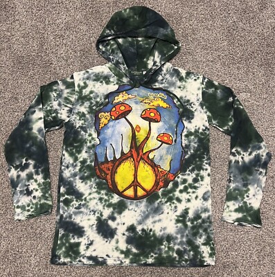 Kathmandu Imports Mens Large Hooded Shirt Mushroom Peace Design Green Tie Dye-image