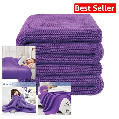 Handmade 10lbs Knitted Purple Blanket, Cozy & Breathable for Napping, Reading-image