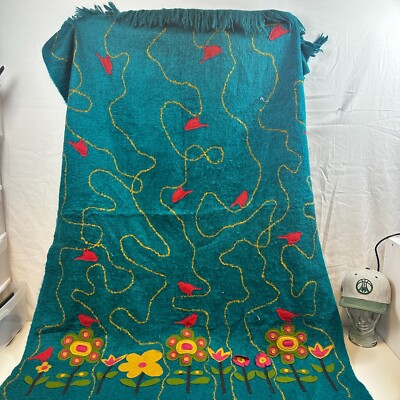 Pier 1 Decorative Throw Blanket Teal Floral Bird Applique Embelished with Fringe-image
