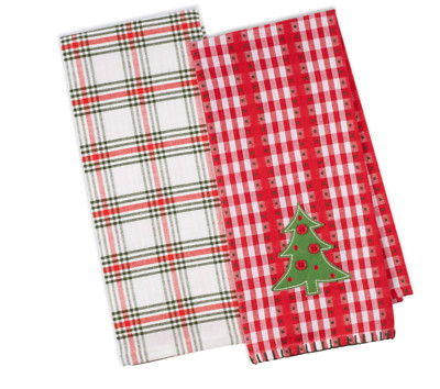 100% cotton embellished Christmas tree plaid dish towels set of two 18