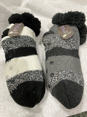New!Secret Treasures 2 Pairs Striped Bootie Type Slipper Socks With Soft Lining-image