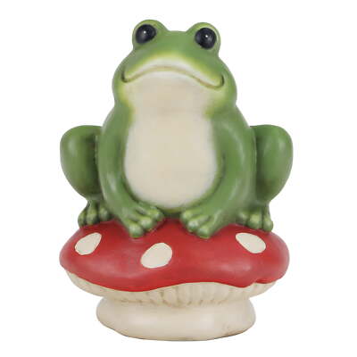 Green Frog Garden Statue on Red Mushroom, 6x4.75x8.5