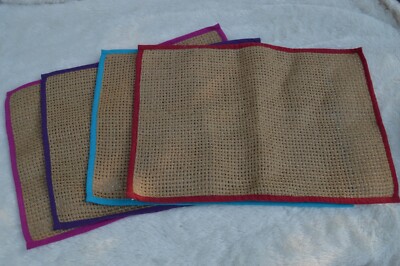 Set Of 4 Pier One Bohemian Jute Square Table Mats With Colorful Cotton Border -image