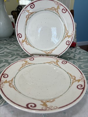 2 Pier 1 Rustic Reindeer Burgundy Green Off White Dinner Plates-image
