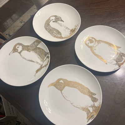 Set of 4 Pier 1 Imports Gold Penguin Design White Porcelain Plates 8.25
