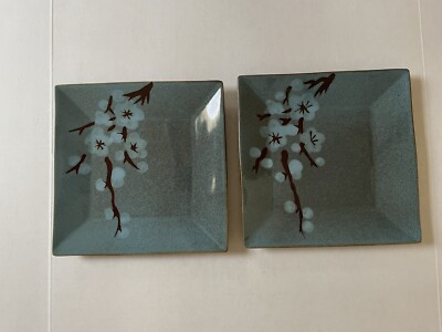 Pier One Square Decorative Plate X2, Green Speckled Handpainted Cotton Blossoms-image