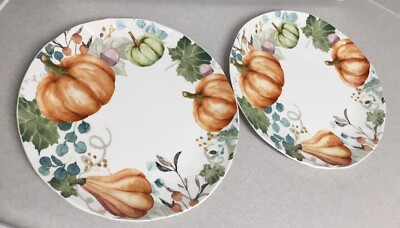 Pier 1 Imports WATERCOLOR PUMPKIN FALL Fine China 2 DINNER PLATES 11 “ Diameter-image