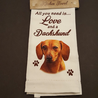 Dachshund Kitchen Dish Towel Dog Red Doxie All You Need Is Love Pet Cotton 18x26-image